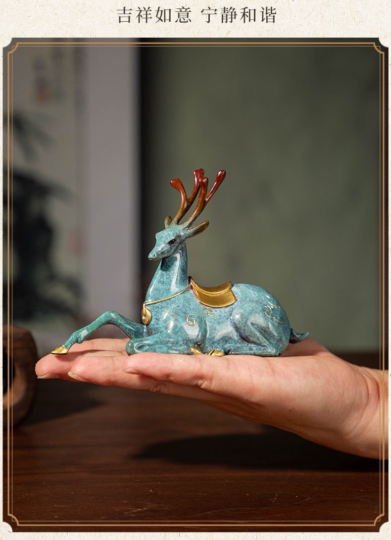 一路平安鹿黄铜车载摆件
